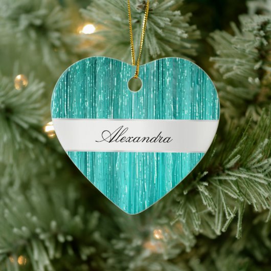 Girly Aqua Mint Glam Glitzy Tinsel Stripes Keramisch Ornament (Boom)