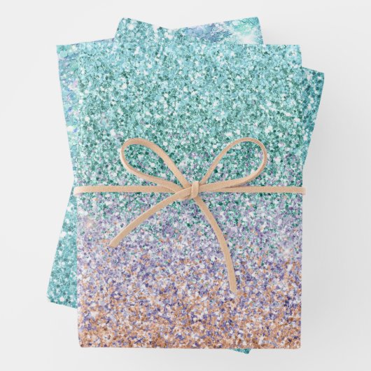 Girly Aqua Peach Gold Paars Mint Mermaid Glitter Inpakpapier Vel (In situ)