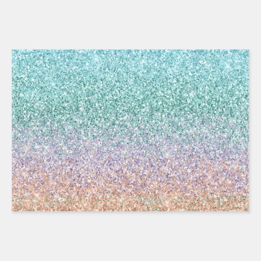 Girly Aqua Peach Gold Paars Mint Mermaid Glitter Inpakpapier Vel (Voorkant)