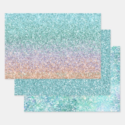 Girly Aqua Peach Gold Paars Mint Mermaid Glitter Inpakpapier Vel (Set)