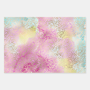  Girly Aqua Pink Yellow Gold Leopard Print Inpakpapier Vel