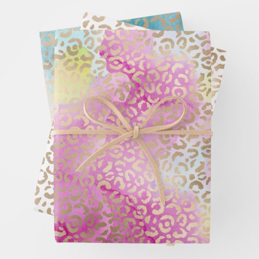 Girly Aqua Roze Geel Goud Luipaard Print Inpakpapier Vel (In situ)