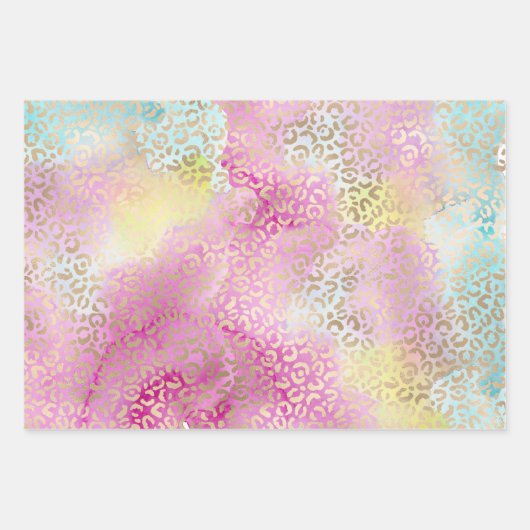 Girly Aqua Roze Geel Goud Luipaard Print Inpakpapier Vel (Voorkant)