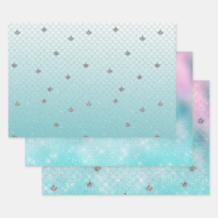 Girly Aqua Silver Glitter Sparkle Mermaid Inpakpapier Vel