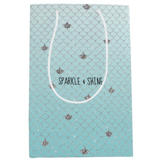 Girly Aqua Silver Glitter Sparkle Mermaid Medium Cadeauzakje (Voorkant)