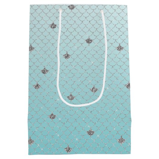 Girly Aqua Silver Glitter Sparkle Mermaid Medium Cadeauzakje (Achterkant)
