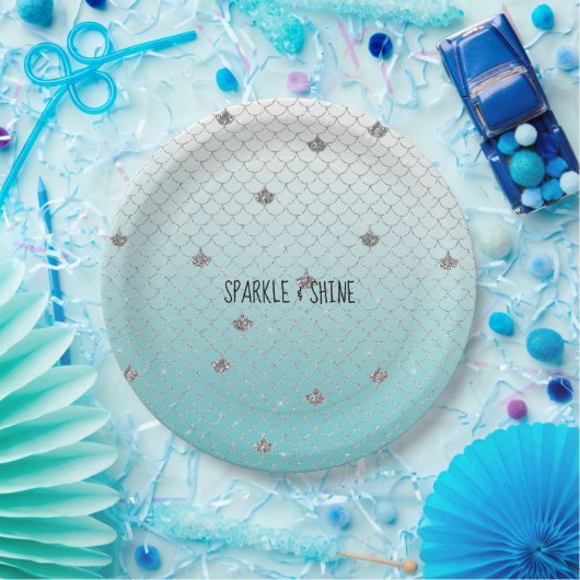 Girly Aqua Silver Glitter Sparkle Mermaid Papieren Bordje (Feest)