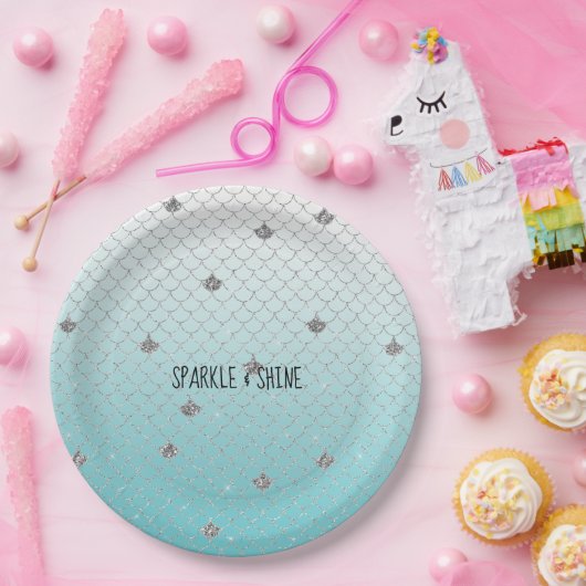 Girly Aqua Silver Glitter Sparkle Mermaid Papieren Bordje (Feest)