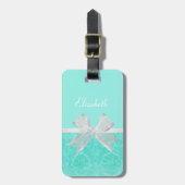Girly Aqua Turquoise Damask White Ribbon met naam Bagagelabel (Voorkant verticaal)