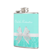 Girly Aqua Turquoise Damask White Ribbon met naam Heupfles (Links)