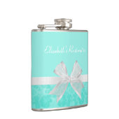 Girly Aqua Turquoise Damask White Ribbon met naam Heupfles (Rechts)