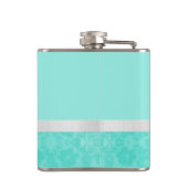Girly Aqua Turquoise Damask White Ribbon met naam Heupfles (Achterkant)