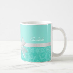 Girly Aqua Turquoise Damask White Ribbon met naam Koffiemok