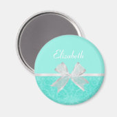 Girly Aqua Turquoise Damask White Ribbon met naam Magneet (Voorkant / Achterkant)