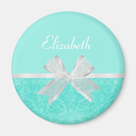 Girly Aqua Turquoise Damask White Ribbon met naam Magneet (Voorkant)