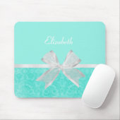 Girly Aqua Turquoise Damask White Ribbon met naam Muismat (Met muis)