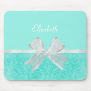 Girly Aqua Turquoise Damask White Ribbon met naam Muismat