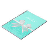 Girly Aqua Turquoise Damask White Ribbon met naam Notitieboek (Linkerzijde)