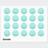 Girly Aqua Turquoise Damask White Ribbon met naam Ronde Sticker (Vel)