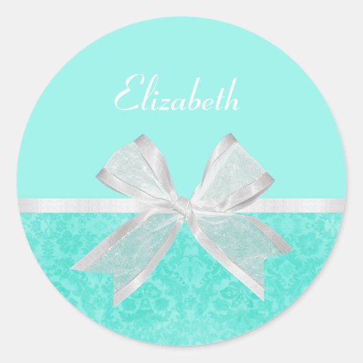Girly Aqua Turquoise Damask White Ribbon met naam Ronde Sticker (Voorkant)