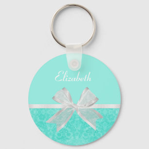 Girly Aqua Turquoise Damask White Ribbon met naam Sleutelhanger