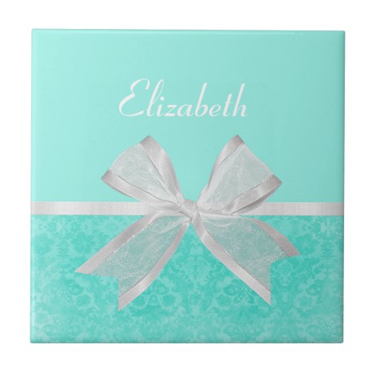 Girly Aqua Turquoise Damask White Ribbon met naam Tegeltje (Voorkant)
