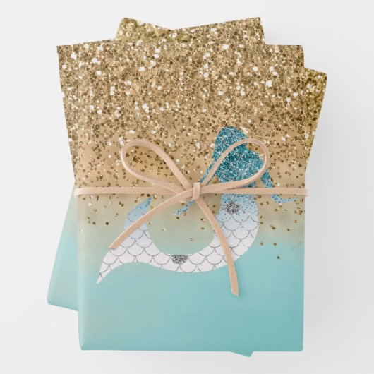 Girly Aqua Waterverf Gold Glitter Mermaid    Inpakpapier Vel (In situ)