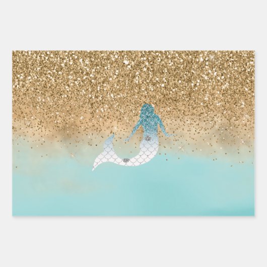 Girly Aqua Waterverf Gold Glitter Mermaid    Inpakpapier Vel (Voorkant)