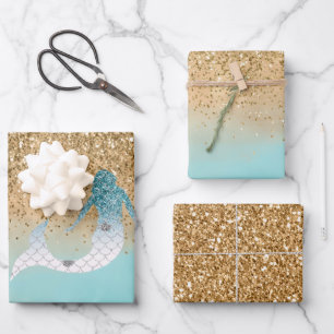 Girly Aqua Waterverf Gold Glitter Mermaid Inpakpapier Vel