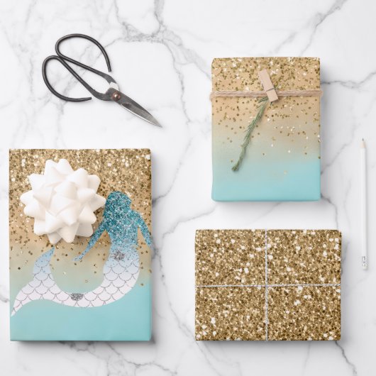 Girly Aqua Waterverf Gold Glitter Mermaid    Inpakpapier Vel (Voorkant)