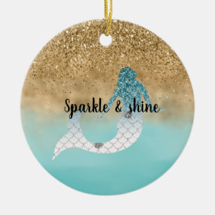 Girly Aqua Waterverf Gold Glitter Mermaid   Keramisch Ornament