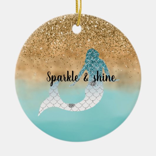 Girly Aqua Waterverf Gold Glitter Mermaid   Keramisch Ornament (Voorkant)