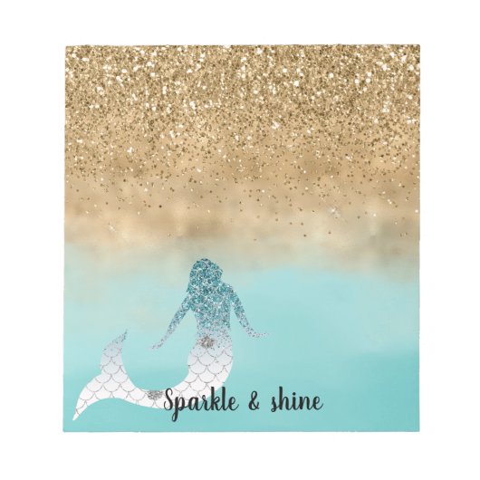 Girly Aqua Waterverf Gold Glitter Mermaid Notitieblok (Voorkant)