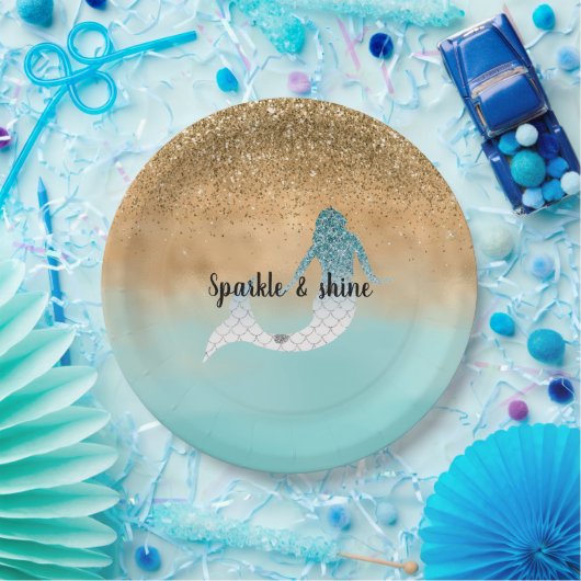 Girly Aqua Waterverf Gold Glitter Mermaid Papieren Bordje (Feest)