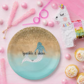 Girly Aqua Waterverf Gold Glitter Mermaid Papieren Bordje (Feest)