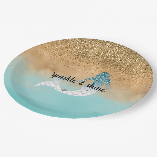 Girly Aqua Waterverf Gold Glitter Mermaid Papieren Bordje (Gekanteld)