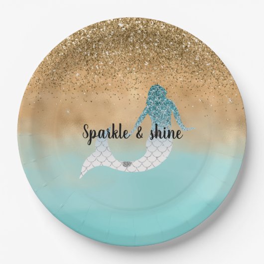 Girly Aqua Waterverf Gold Glitter Mermaid Papieren Bordje (Voorkant)