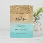Girly Aqua Waterverf Gouden Glitter Kaart (Staand voorkant)