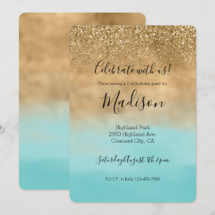 Girly Aqua Waterverf Gouden Glitter Kaart