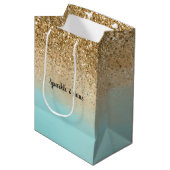 Girly Aqua Waterverf Gouden Glitter Medium Cadeauzakje (Voorkant Gekanteld)