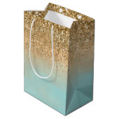 Girly Aqua Waterverf Gouden Glitter Medium Cadeauzakje (Achterkant Gekanteld)