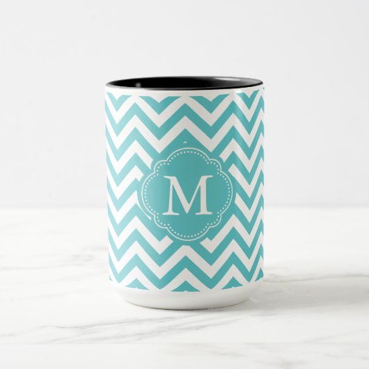 Girly Aqua White Chevron Stripes Monogram Mok (Midden)