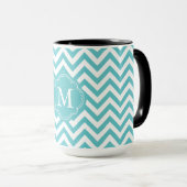 Girly Aqua White Chevron Stripes Monogram Mok (Voorkant rechts)