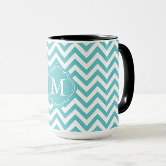 Girly Aqua White Chevron Stripes Monogram Mok (Voorkant rechts)