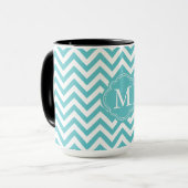 Girly Aqua White Chevron Stripes Monogram Mok (Voorkant links)