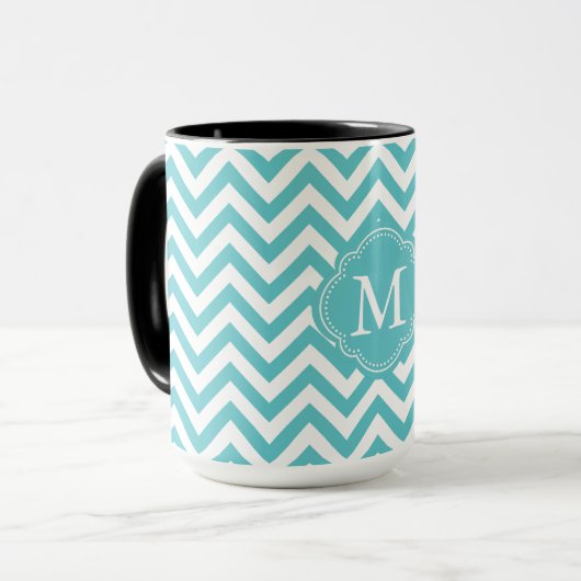 Girly Aqua White Chevron Stripes Monogram Mok (Voorkant links)