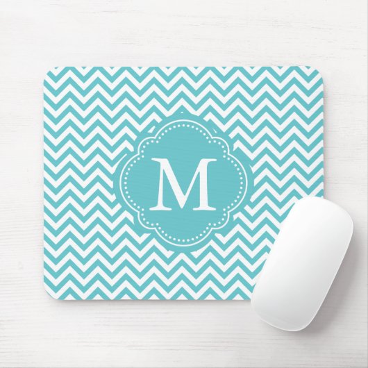 Girly Aqua White Chevron Stripes Monogram Muismat (Met muis)