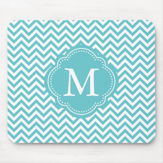 Girly Aqua White Chevron Stripes Monogram Muismat (Voorkant)