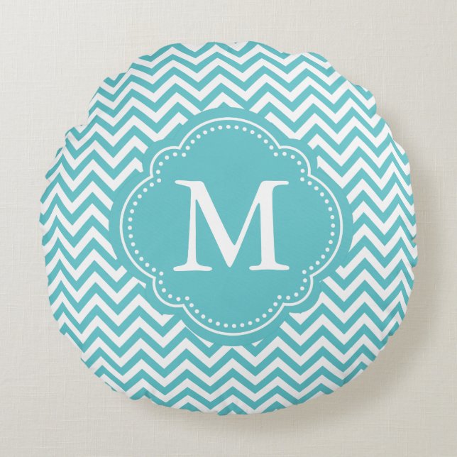 Girly Aqua White Chevron Stripes Monogram Rond Kussen (Voorkant)