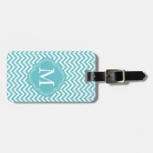Girly Aqua Witte Chevron Strepen Monogram Bagagelabel (Voorkant horizontaal)